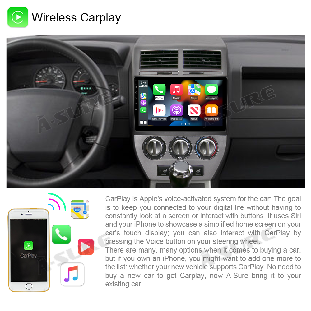 A-Sure GPS Autoradio Jeep Compass 10,1 Zoll CarPlay 2+32GB