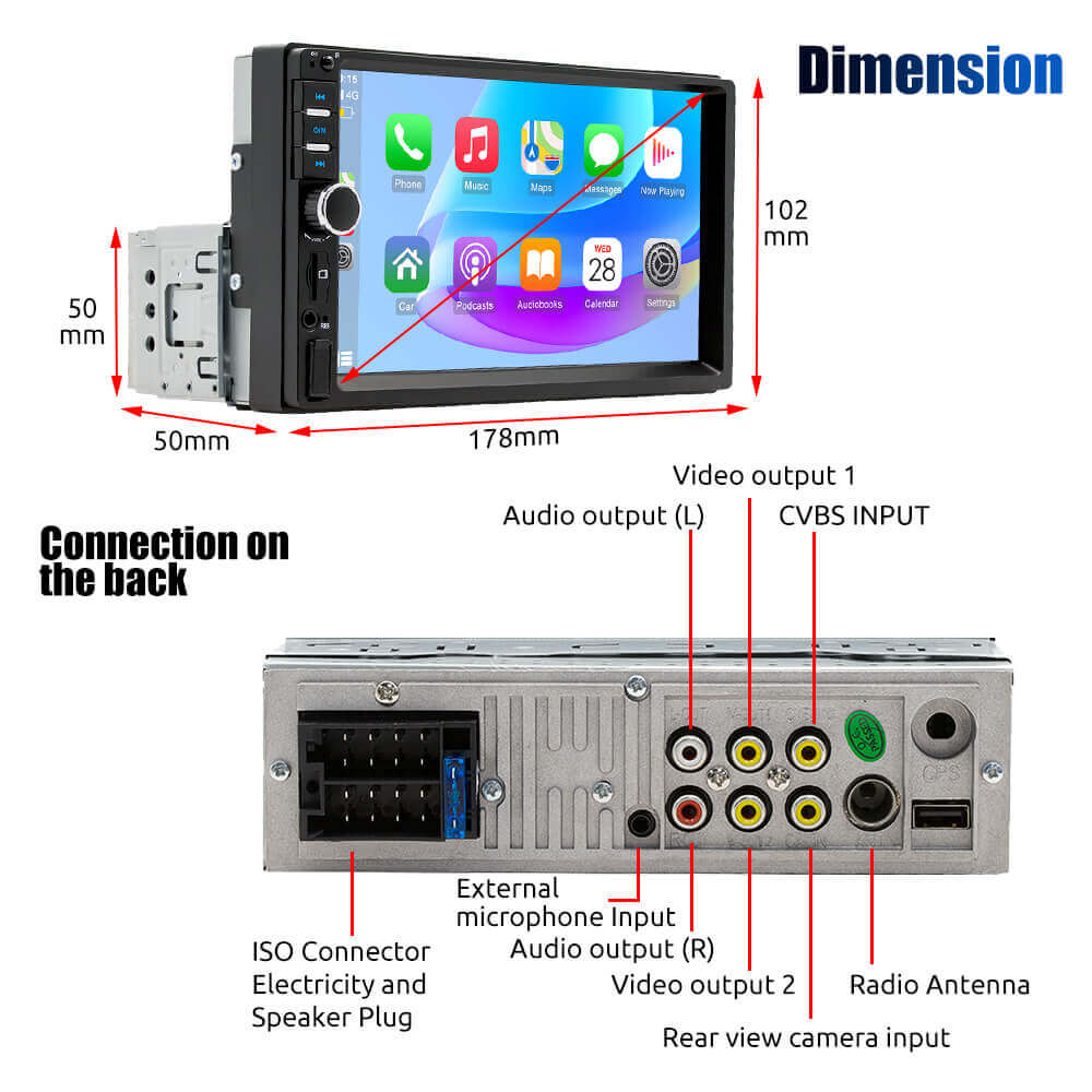 ESSGOO Car Stereo 7018B 1-DIN Autoradio CarPlay 7 Zoll