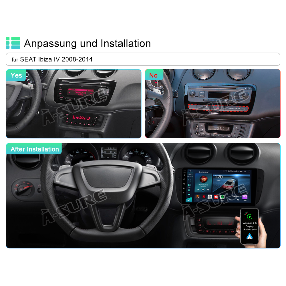 A-Sure GPS Autoradio 9 Zoll 4+64GB Android 13 Seat Ibiza