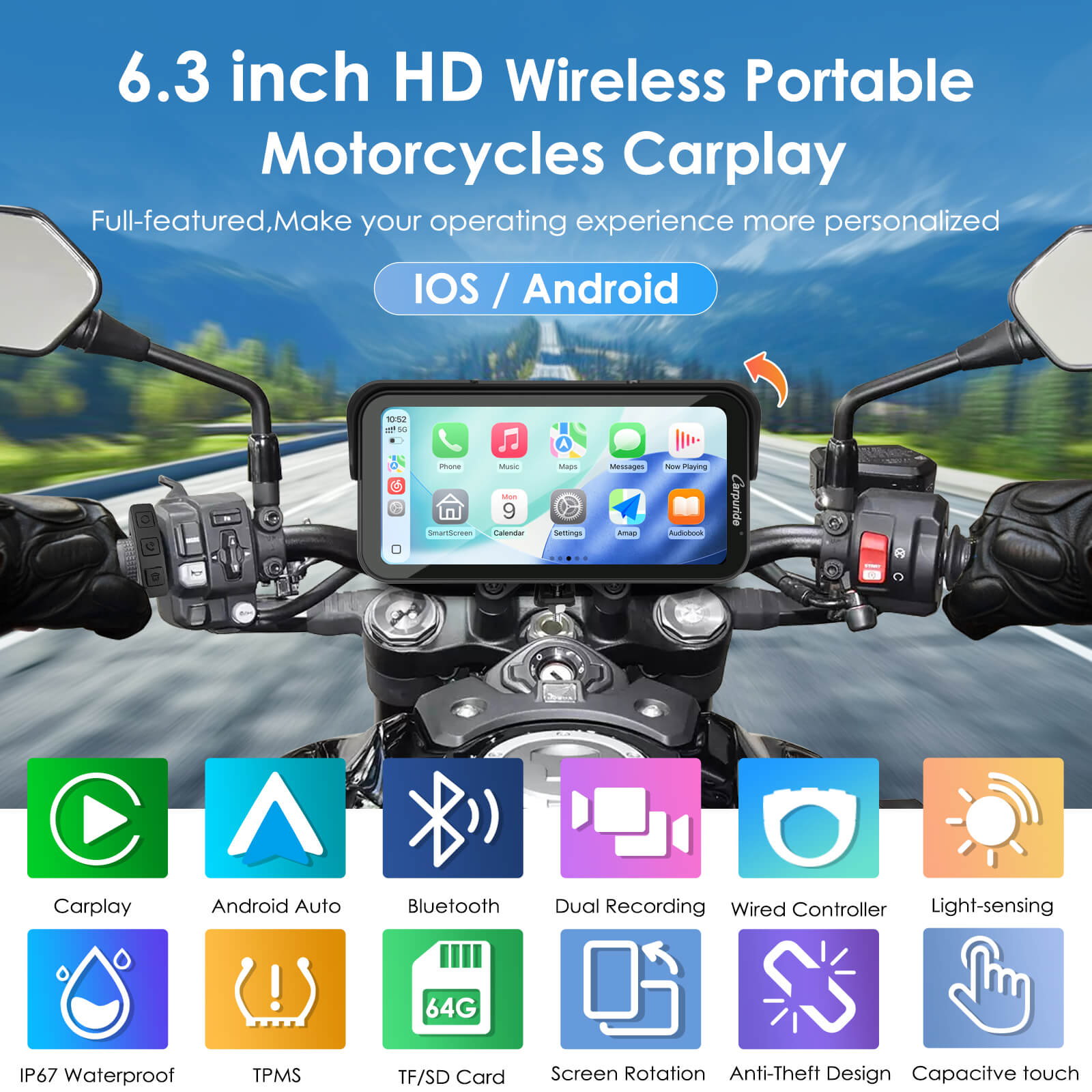 Carpuride Motorcycle Smart Stereo W603DS Motorrad-Display 6,3 Zoll
