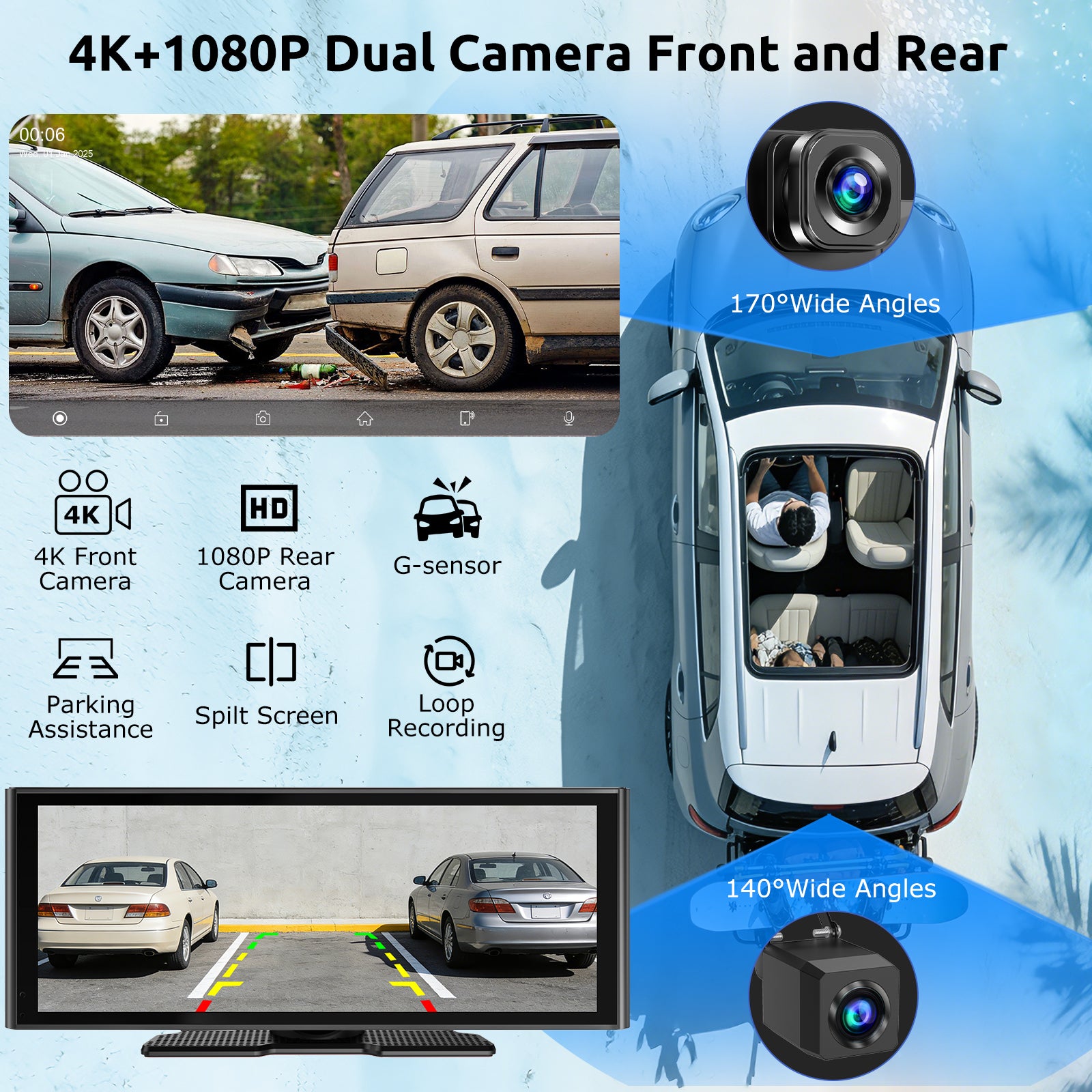 ESSGOO Dash Cam CarPlay E64 Display 10,26 Zoll 4K Kamera