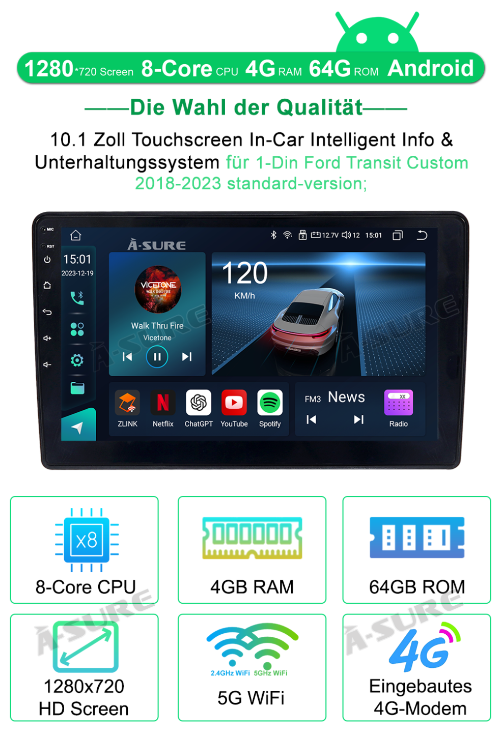 A-Sure GPS car radios 10,1 Zoll Android 14 Autoradio 4+64GB Transit
