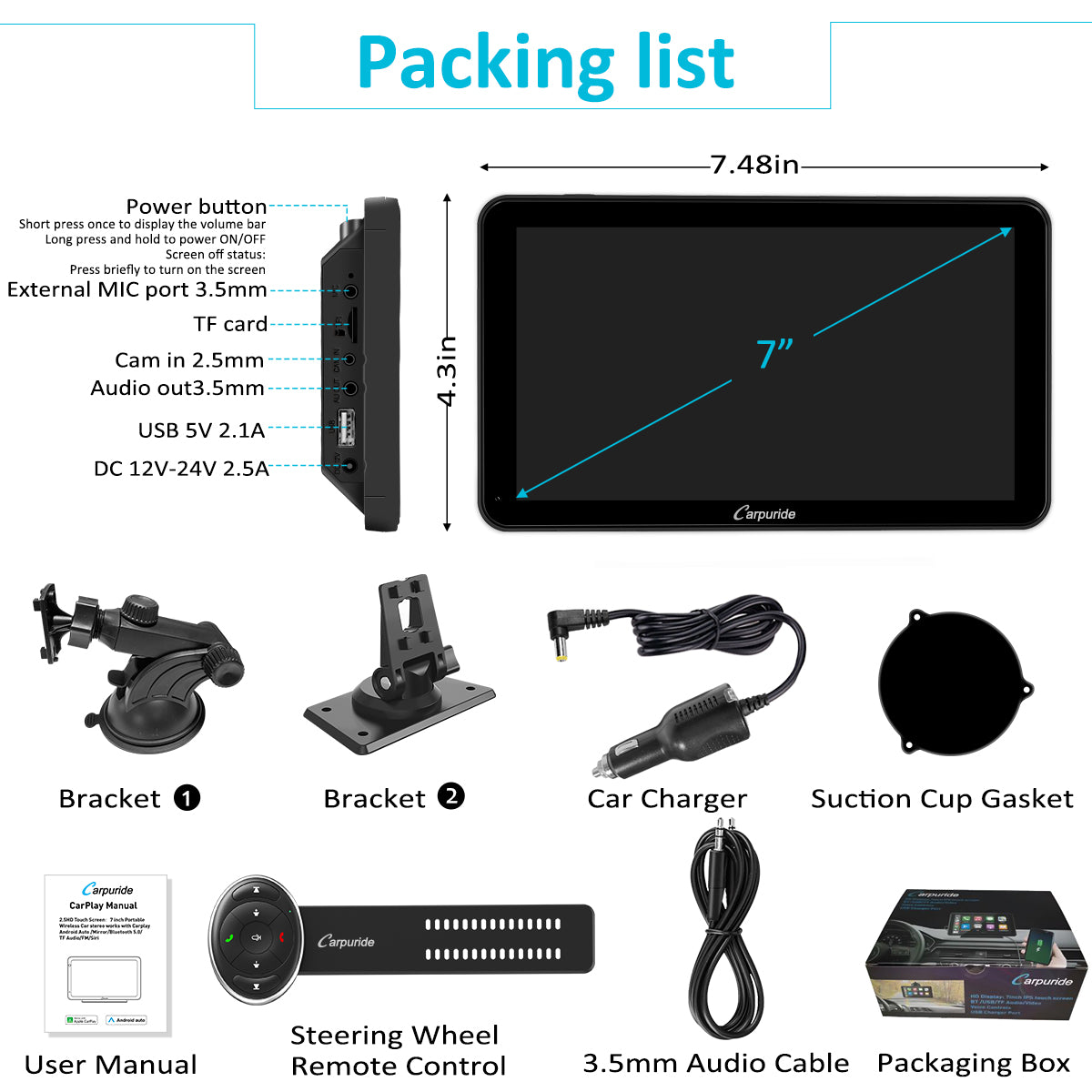 Carpuride W701 CarPlay Display 7 Zoll Lenkradsteuerung