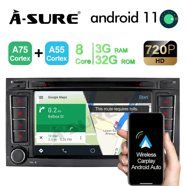 A-Sure GPS Autoradio 7 Zoll Touareg T5 3+32GB DVD CarPlay