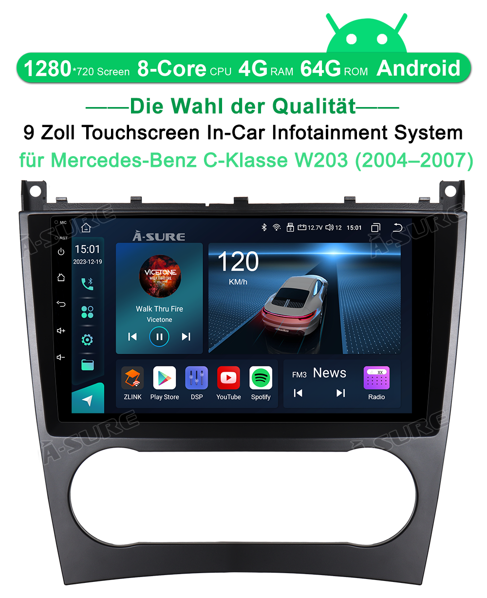 A-Sure Mercedes W203 Autoradio 9 Zoll 4+64GB CarPlay