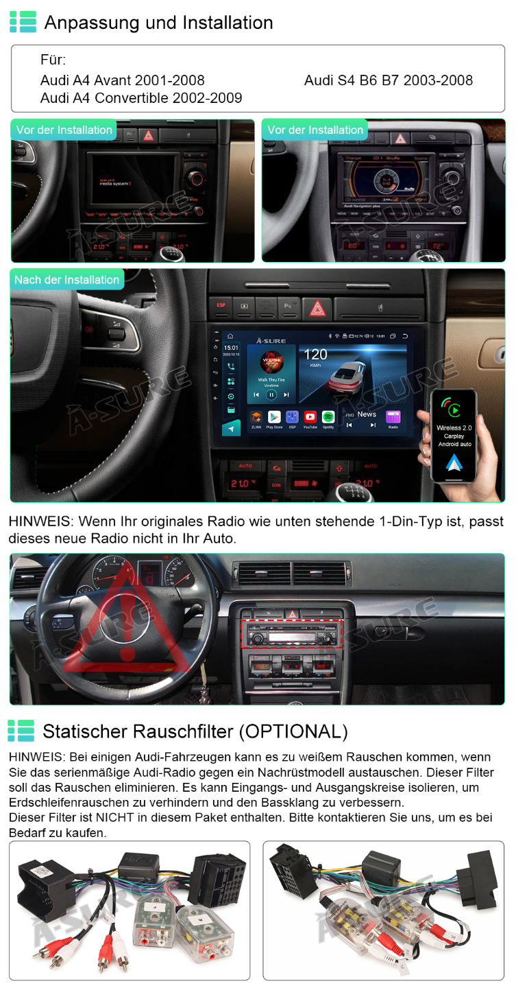 A-Sure Autoradio für Audi A4 B6 B7 B8 4+64GB CarPlay