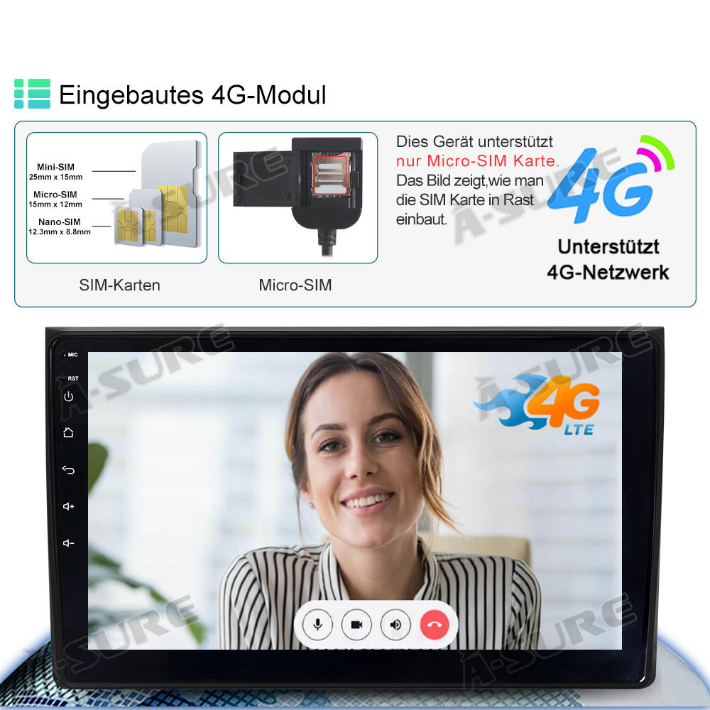 A-Sure Autoradio für Audi A4 B6 B7 B8 4+64GB CarPlay
