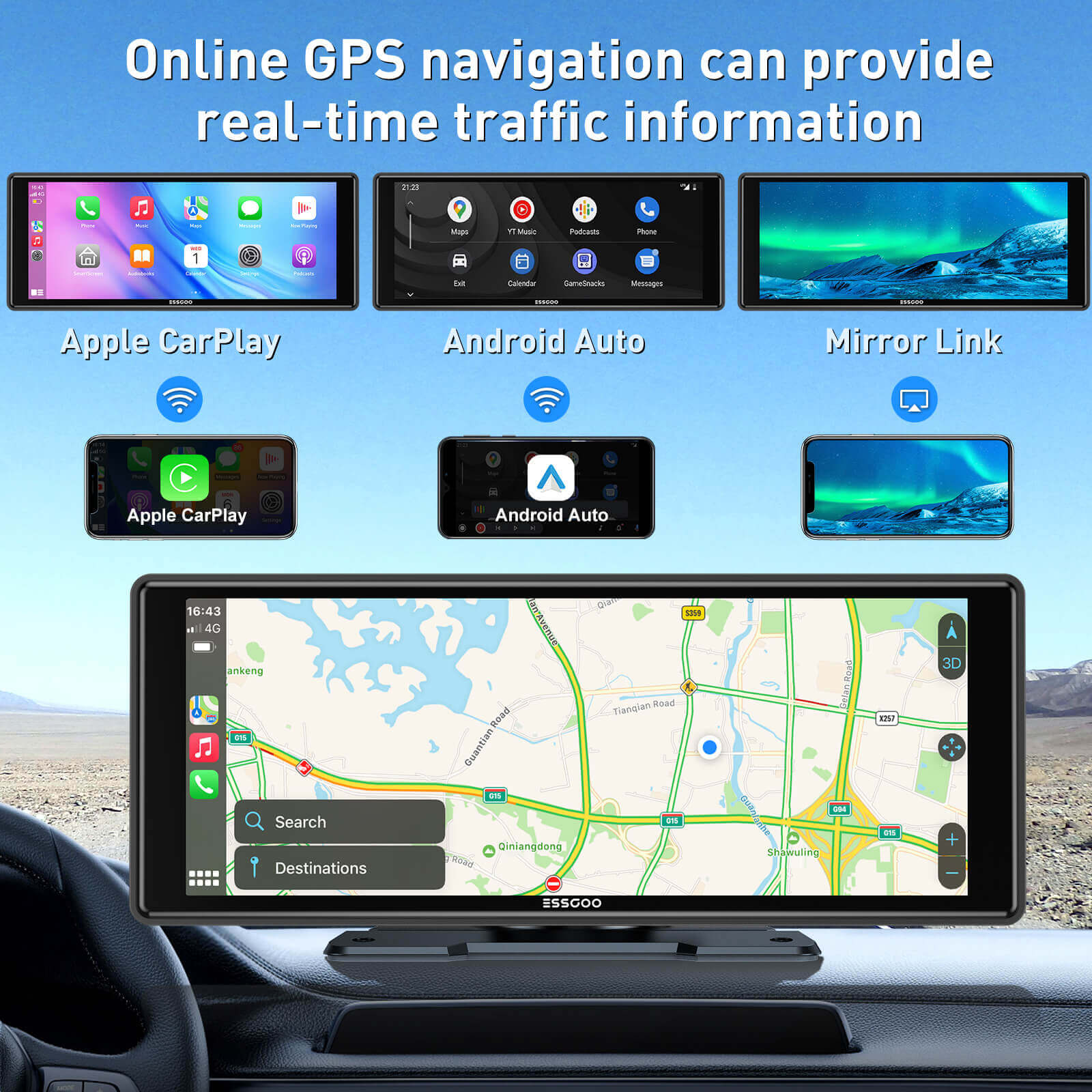 ESSGOO TS0001 CarPlay-Display 10,26 Zoll Portable Wireless