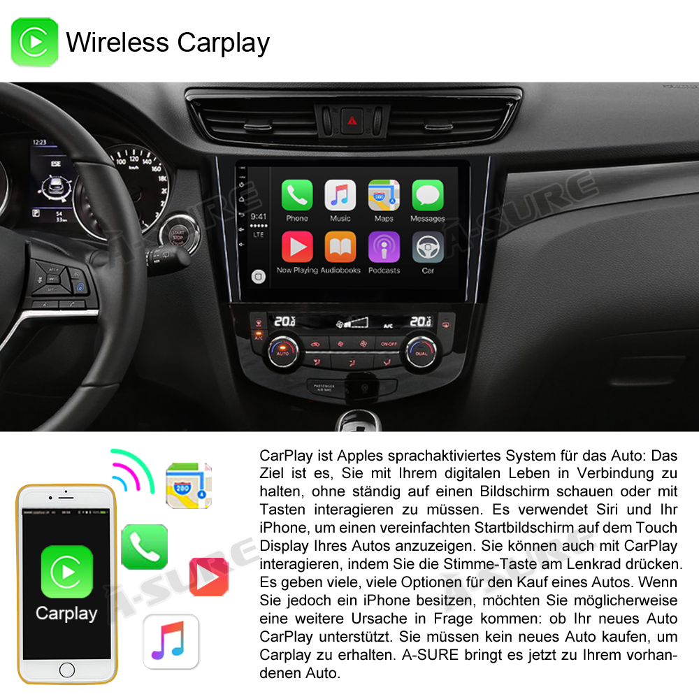 A-Sure GPS car radios Nissan 10,1 Zoll Autoradio 2+32GB Carplay