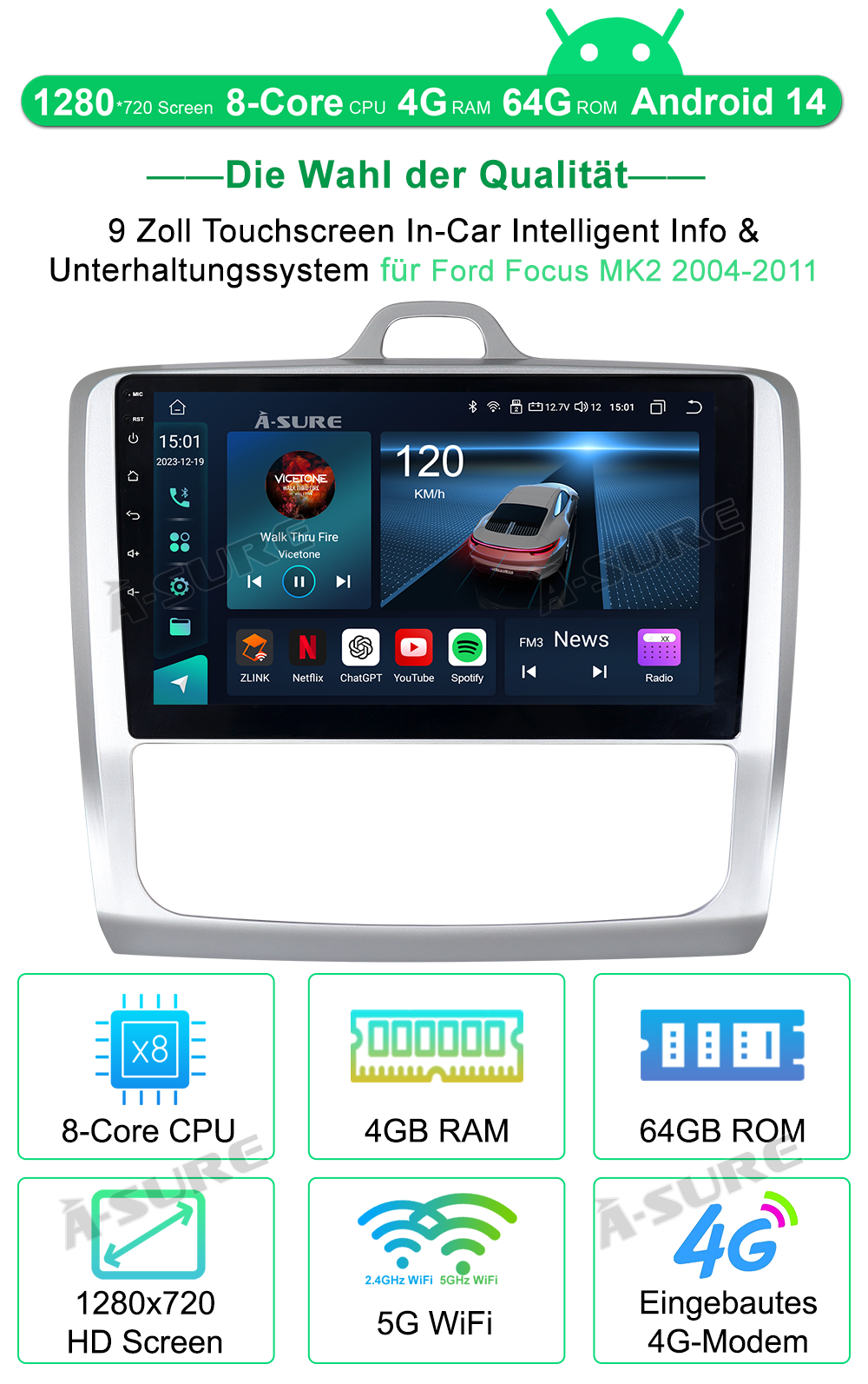A-Sure GPS car radios Ford Focus MK2 Autoradio 9 Zoll CarPlay 4+64GB