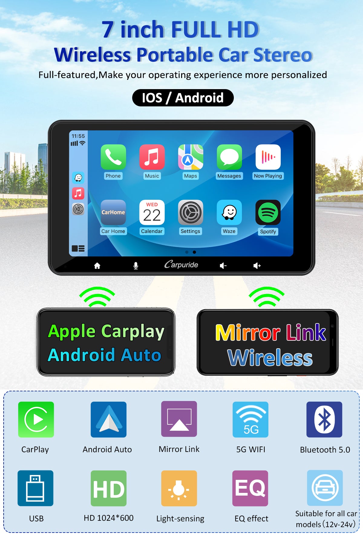 Carpuride W708 Car Smart Stereo Carplay-Monitor 7 Zoll Rückfahrkamera