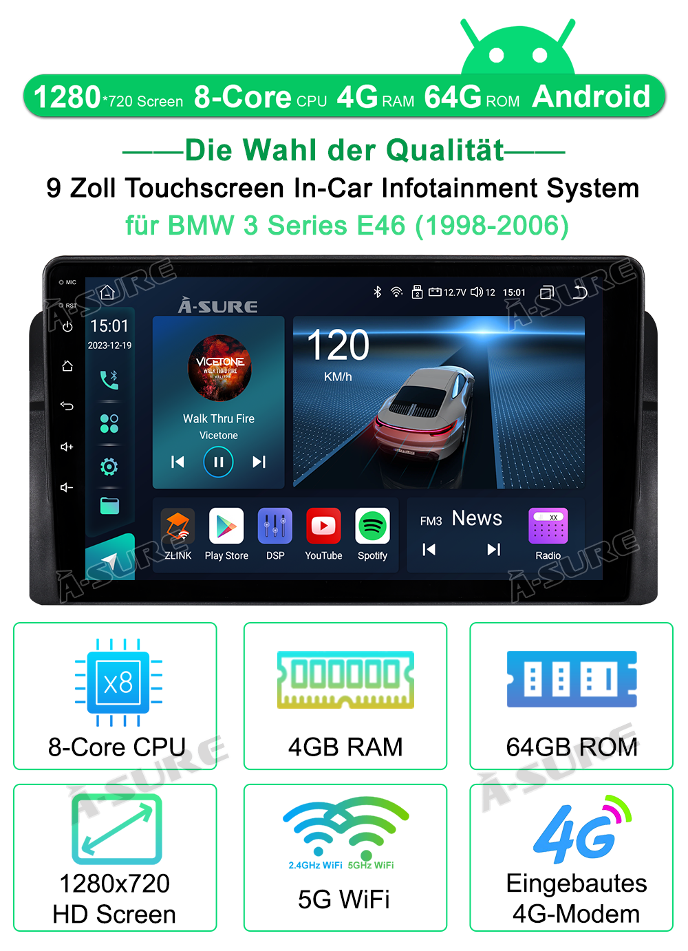 A-Sure GPS BMW E46 Autoradio 9 Zoll 4+64GB Android 13