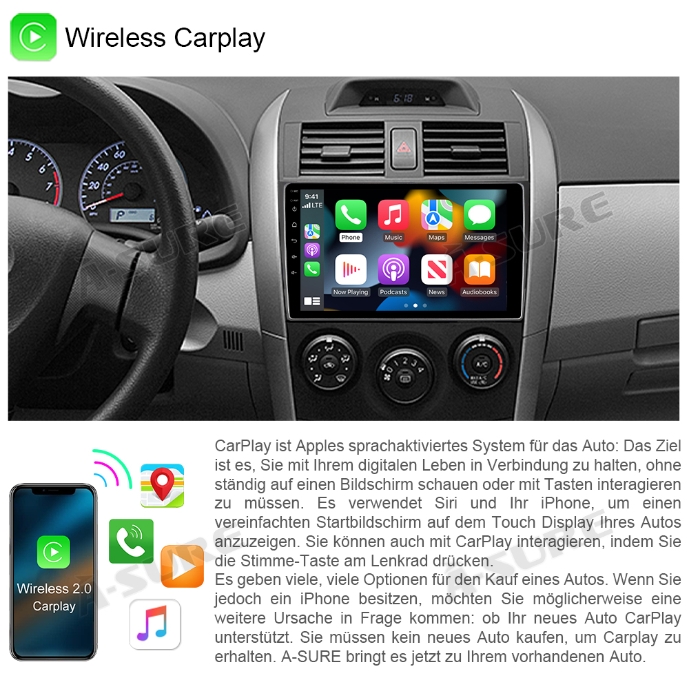 A-Sure GPS Toyota Corolla 2006-2012 Autoradio 2+32GB CarPlay