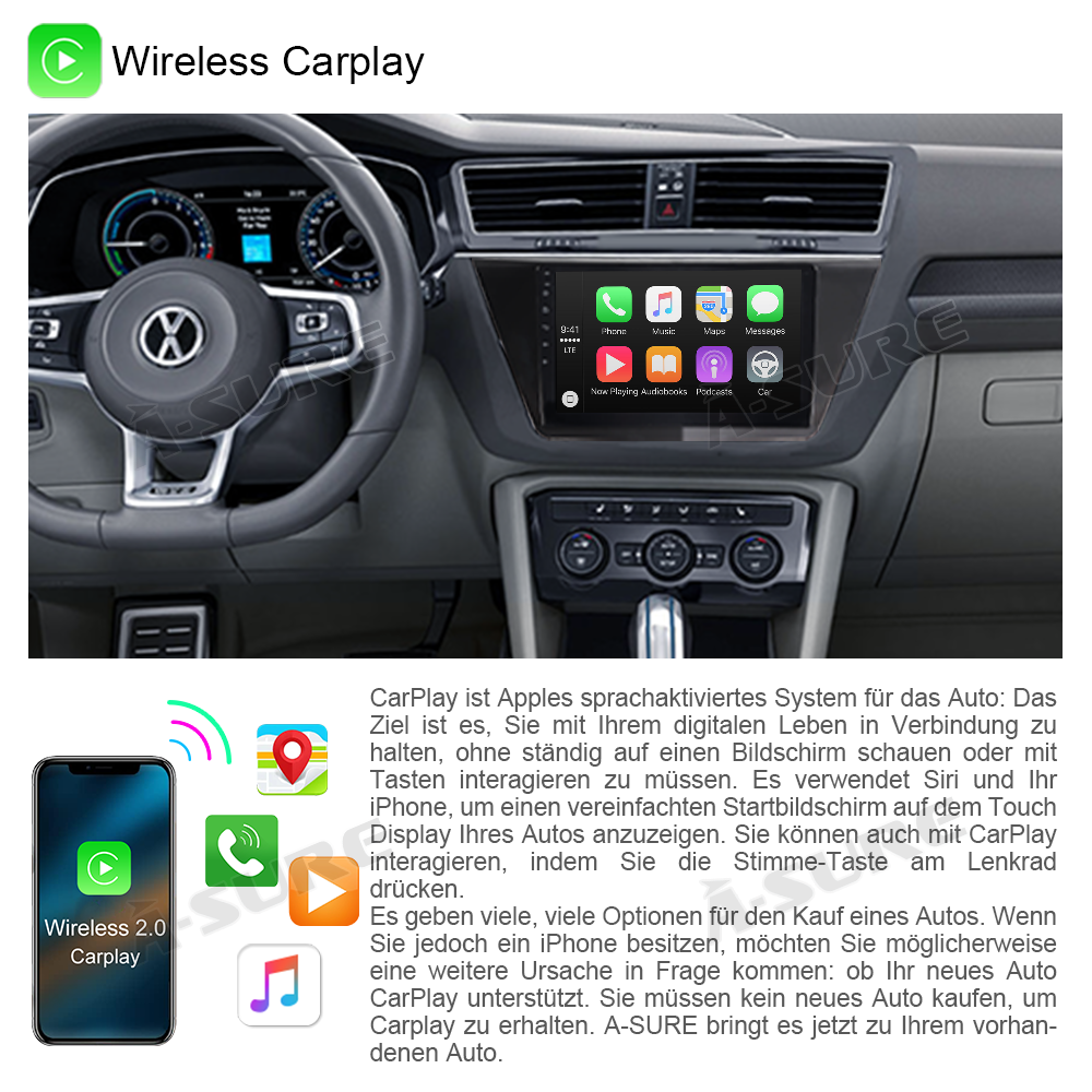 A-Sure GPS Autoradio VW Touran 10 Zoll 2+32GB CarPlay