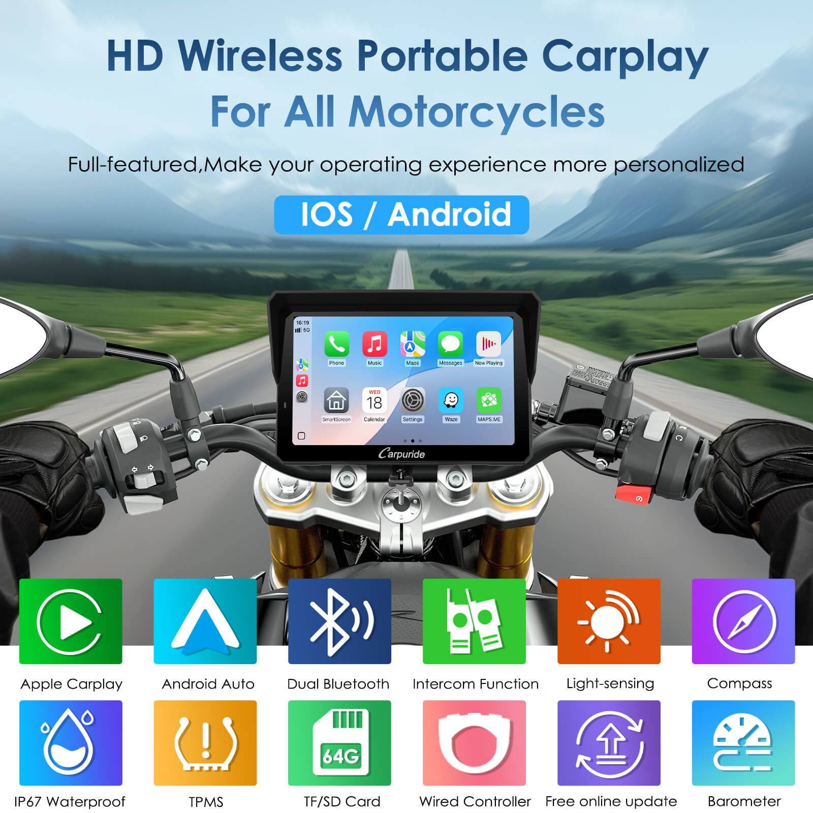 Carpuride W702S Pro Motorrad CarPlay-Display 7 Zoll TPMS