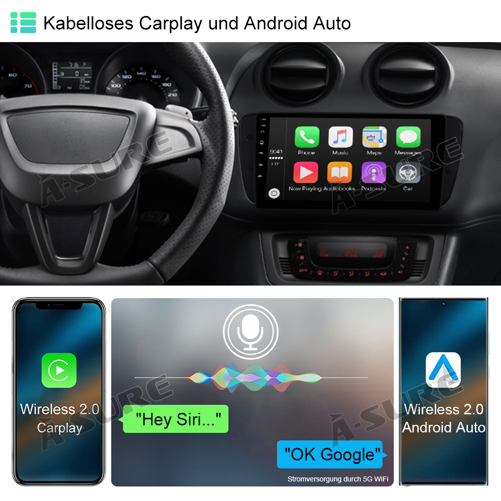 A-Sure GPS Autoradio 9 Zoll 4+64GB Android 13 Seat Ibiza