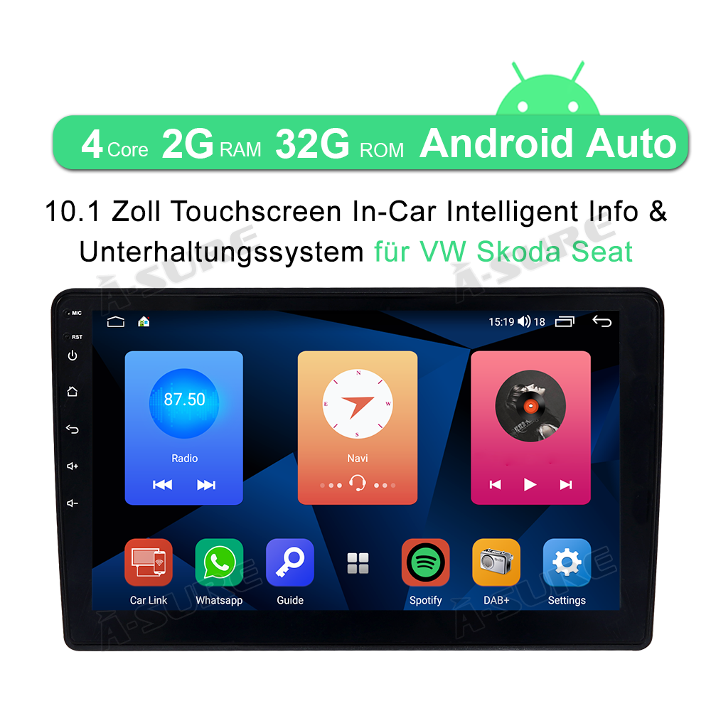 A-Sure Autoradio 10,1 Zoll VW Golf 6 Passat 2+32GB Carplay