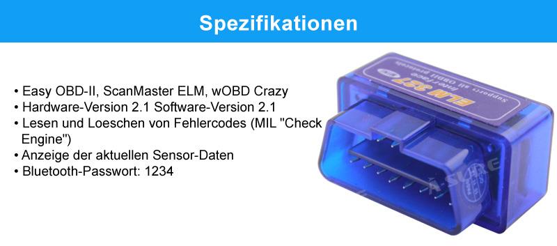 A-Sure Radio accessories ELM327 OBD2 Diagnosegerät Bluetooth Adapter