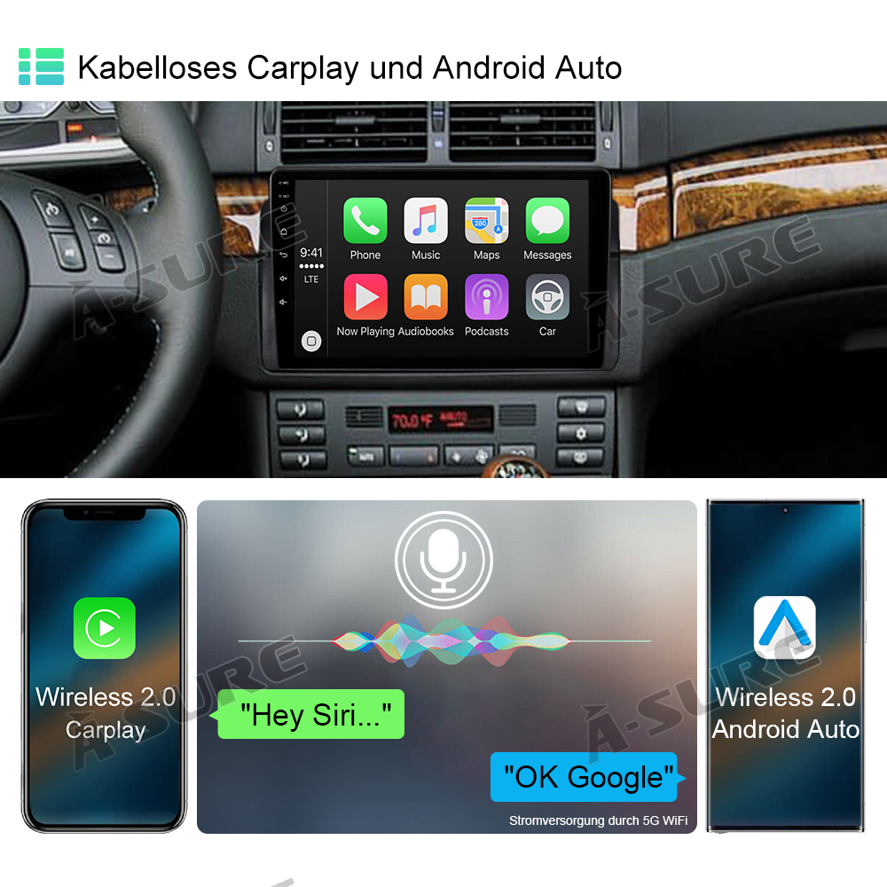 A-Sure GPS BMW E46 Autoradio 9 Zoll 4+64GB Android 13
