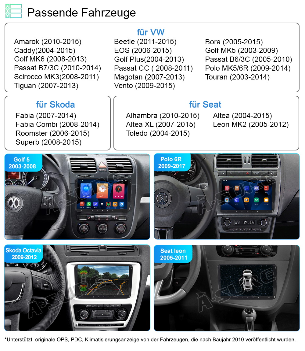 A-Sure GPS Autoradio VW Golf Passat Polo 4+64GB