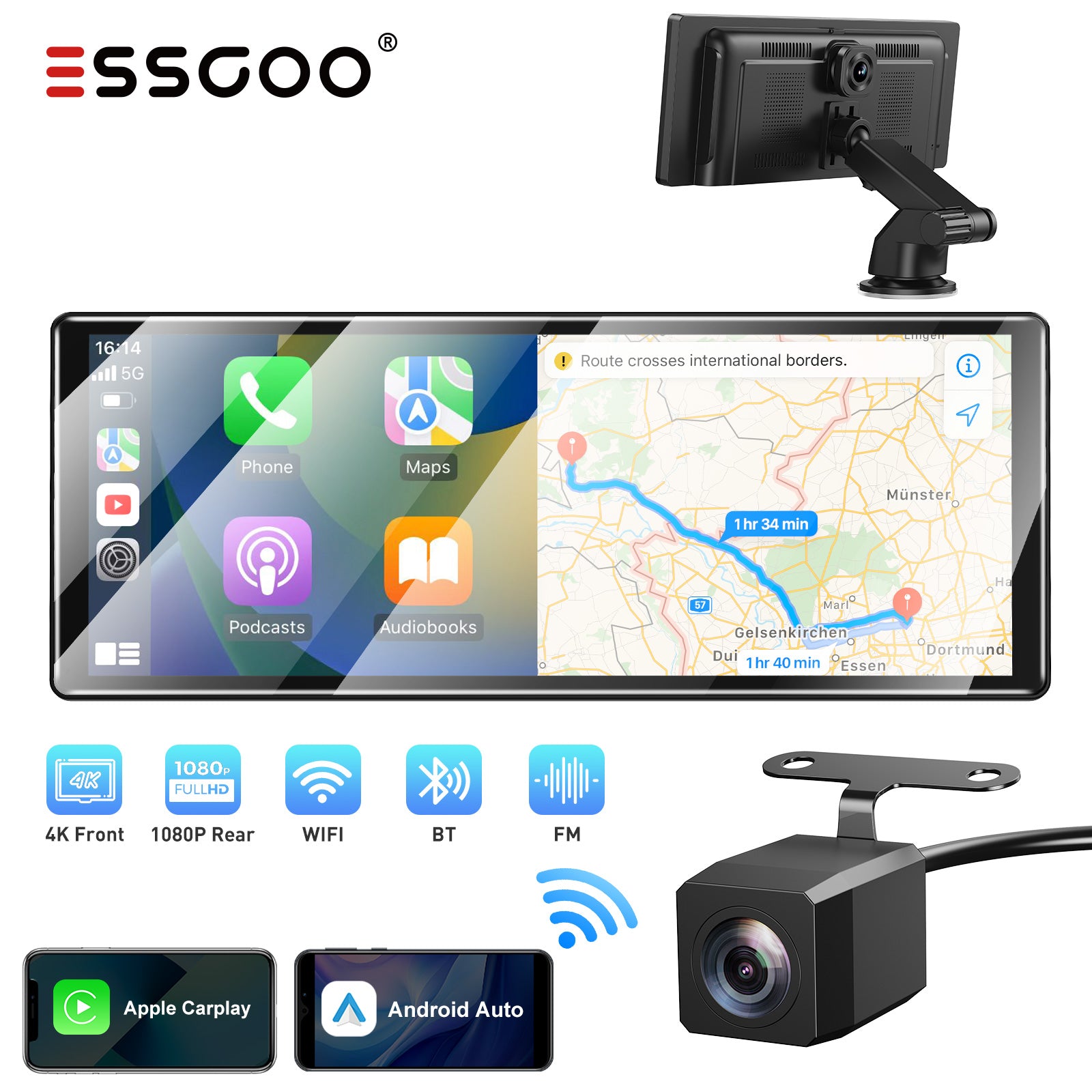 ESSGOO H16 11,3 Zoll CarPlay Display Dashcam 4K Wireless