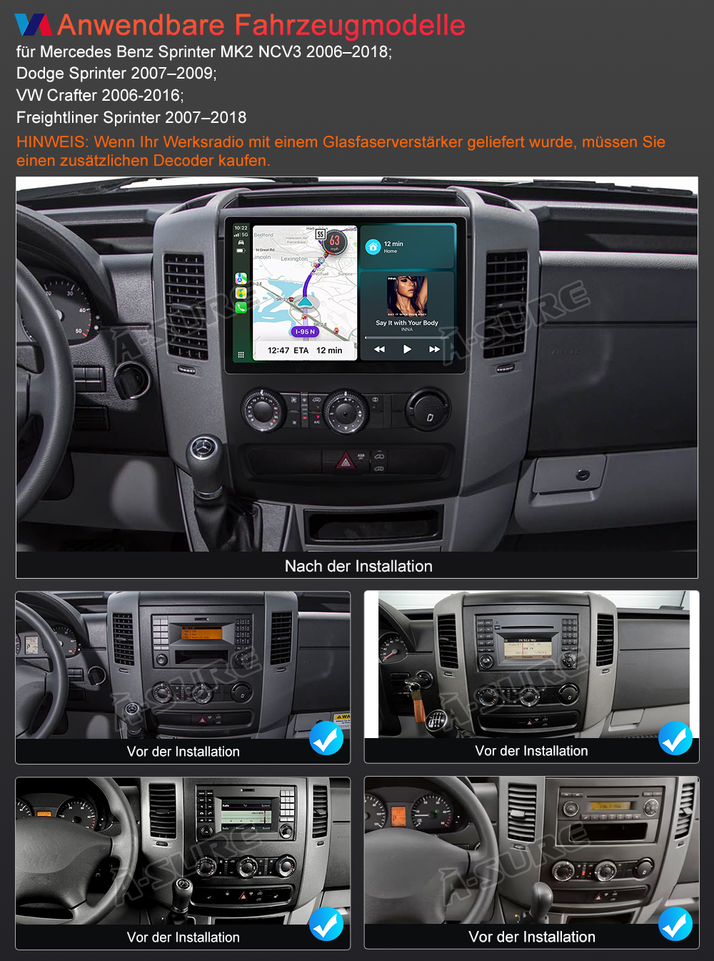 A-Sure GPS car radios 13,1 Zoll 4+64GB Autoradio Sprinter Crafter CarPlay
