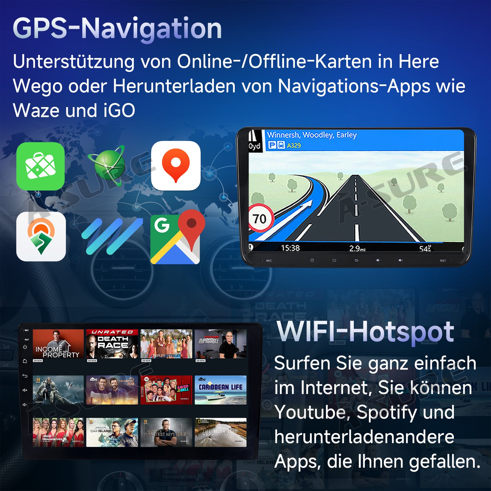 A-Sure GPS 10,1 Zoll Autoradio Passat B8 2+64GB CarPlay