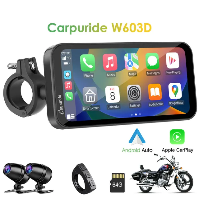 Carpuride W603D Motorrad CarPlay-Display 6,3Zoll Dual-Dashcam