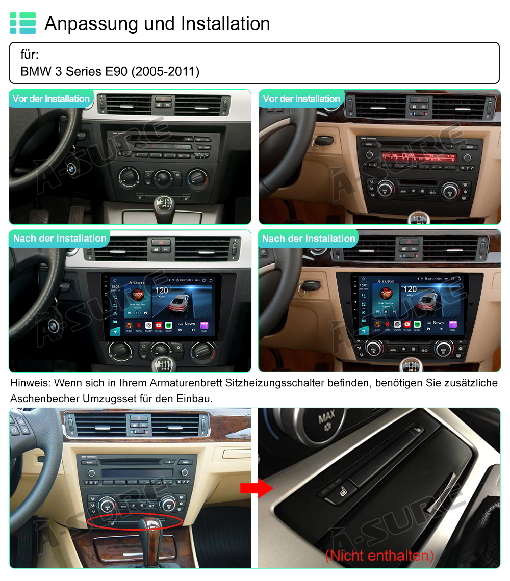 A-Sure BMW E90 Autoradio 4+64GB 8-Kern CarPlay