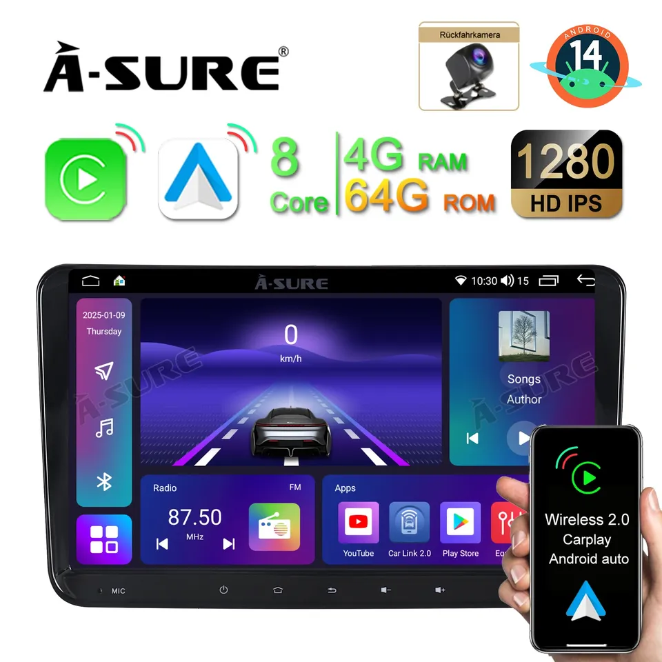 A-Sure VW Autoradio 9 Zoll Android 14 4+64GB CarPlay Golf Passat