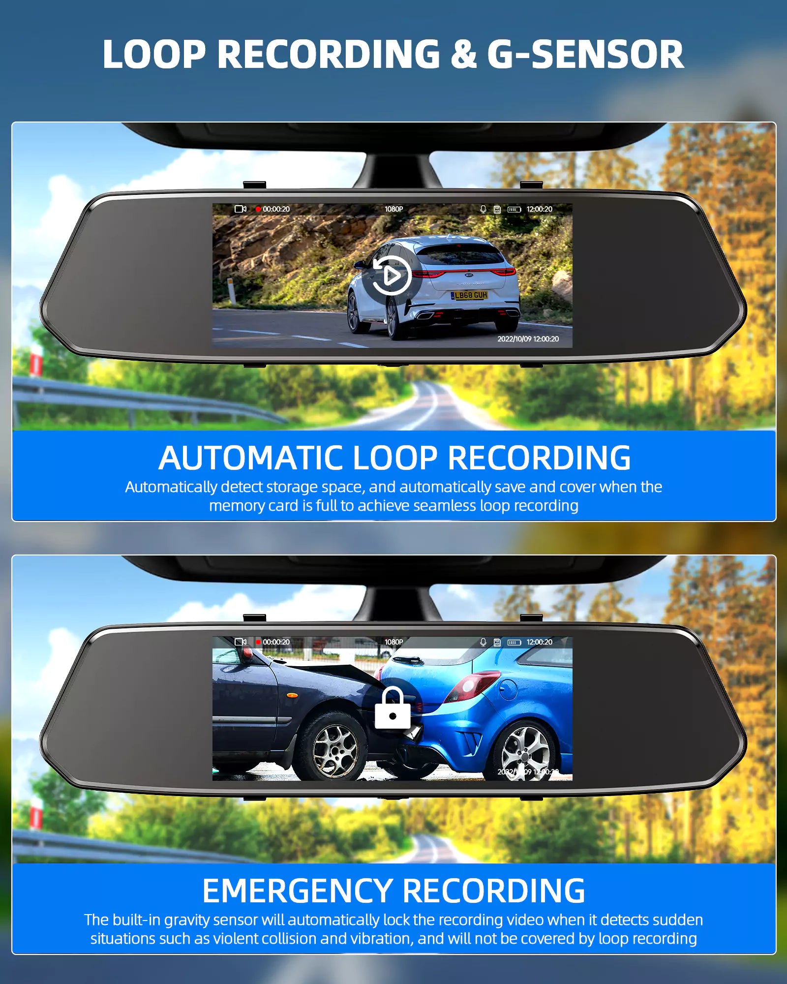 LAMTTO Dash Cam CE35A Spiegel 7 Zoll Touch Front+Heck 1080P