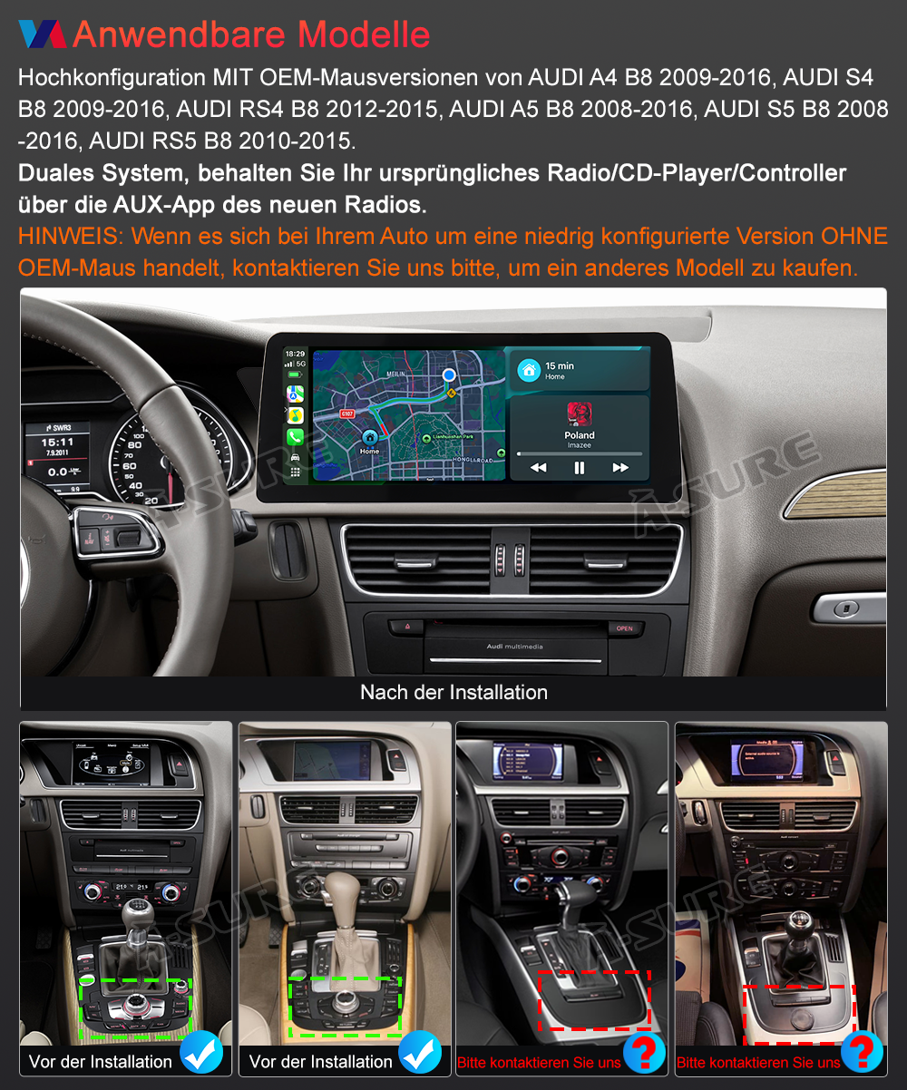 A-Sure GPS Autoradio Audi A4 B8 12,3 Zoll 4+64GB 2K