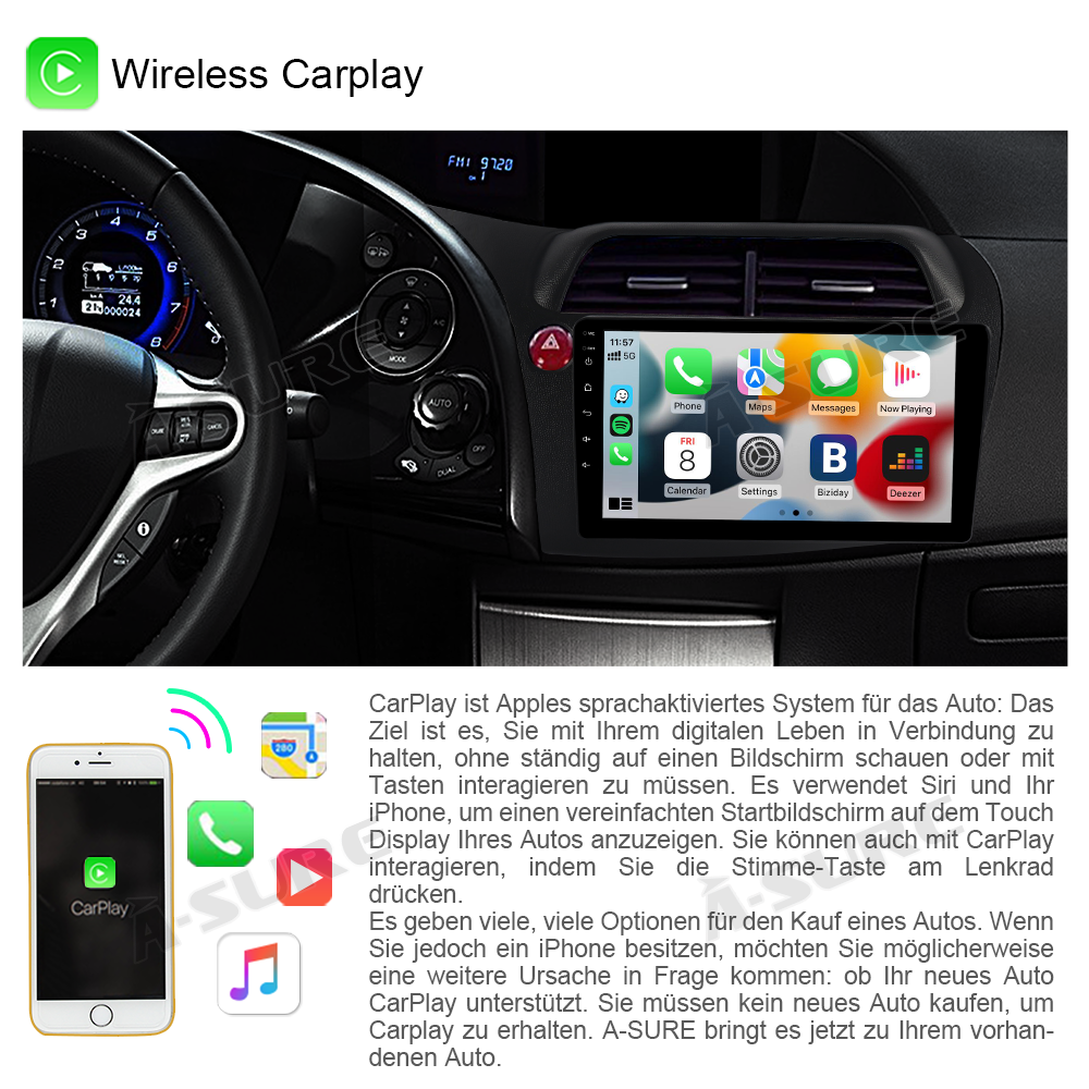 A-Sure GPS 9 Zoll Android 12 Autoradio Honda Civic 2+32GB CarPlay