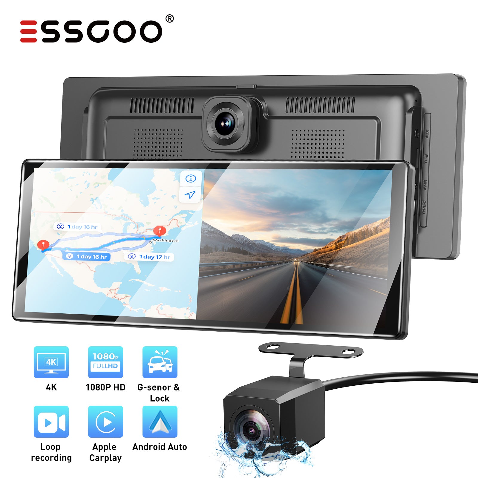 ESSGOO H16 11,3 Zoll CarPlay Display Dashcam 4K Wireless