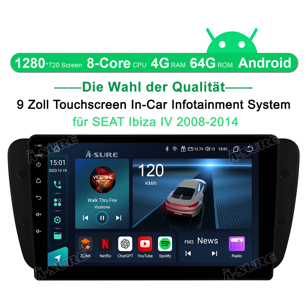 A-Sure GPS Autoradio 9 Zoll 4+64GB Android 13 Seat Ibiza