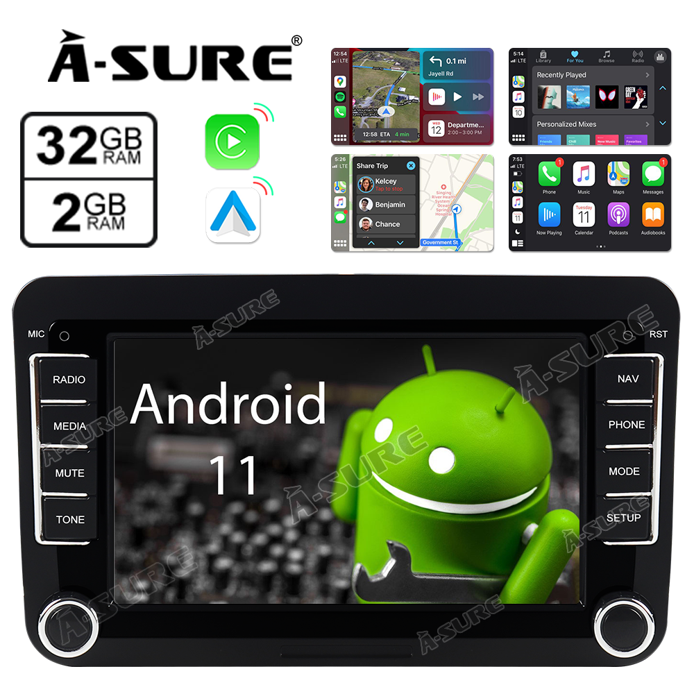 A-Sure GPS Autoradio 7 Zoll Android 11 für VW Golf 5 6 2+32GB