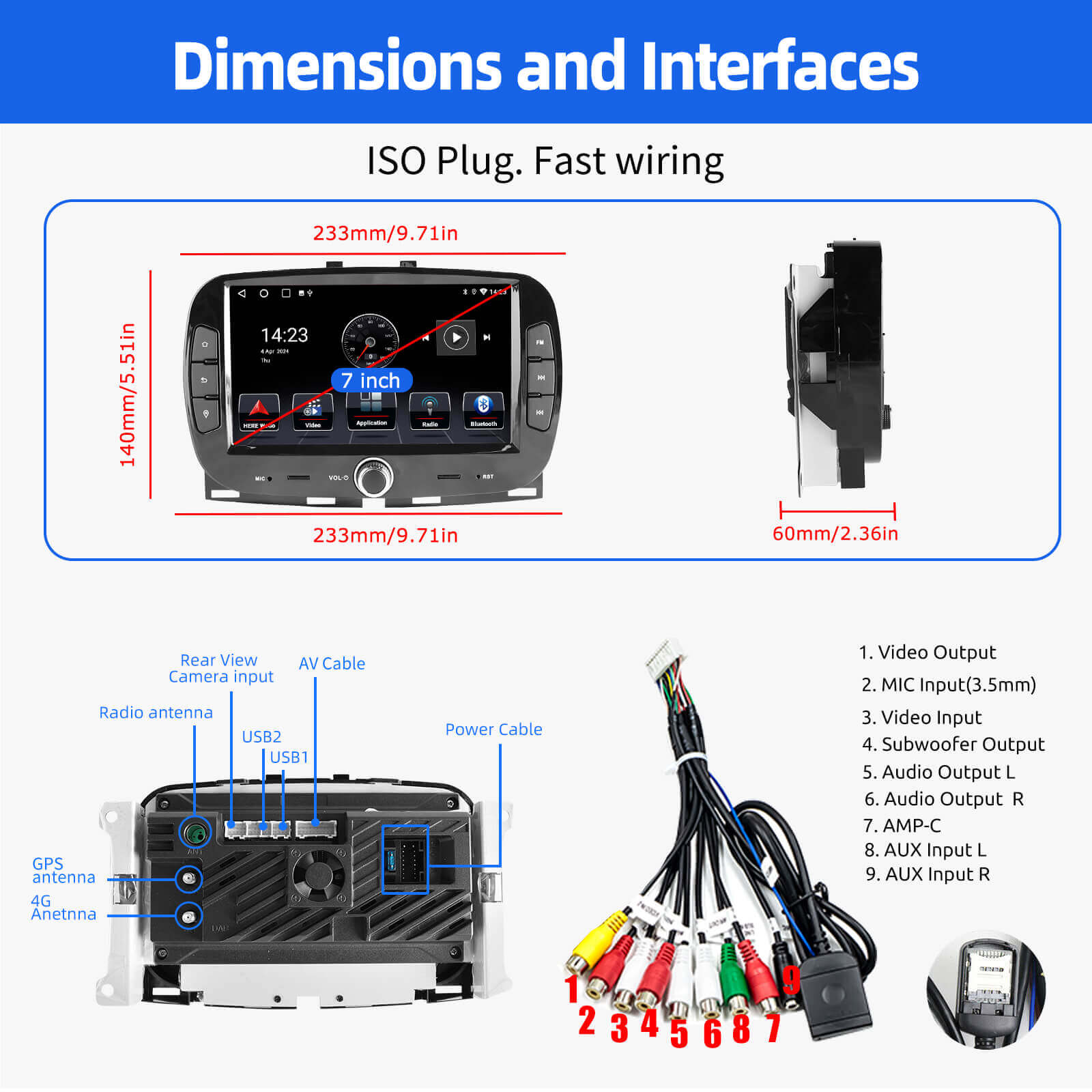 ESSGOO AR7001 Fiat 500 Autoradio 7 Zoll Android 14