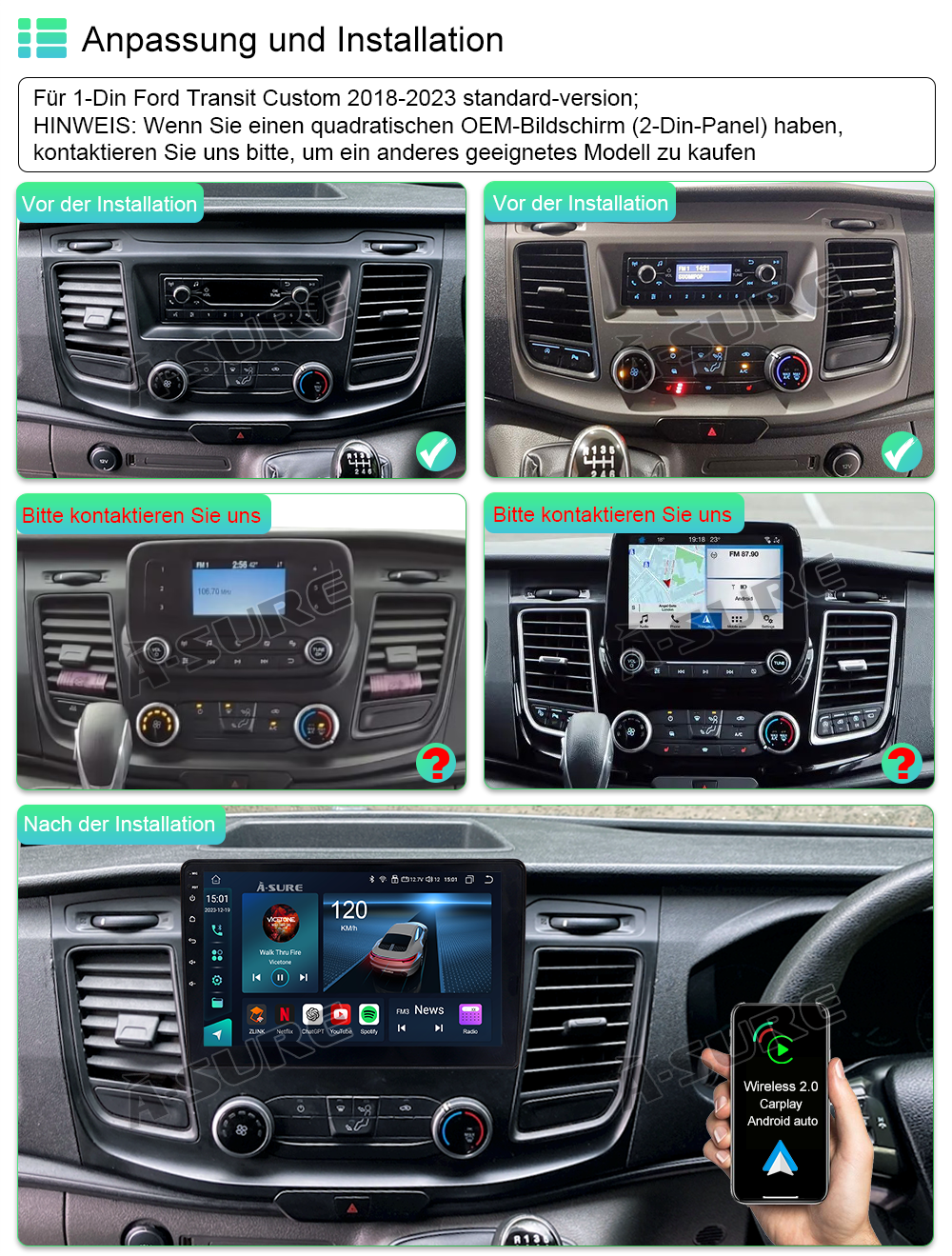 A-Sure GPS car radios 10,1 Zoll Android 14 Autoradio 4+64GB Transit