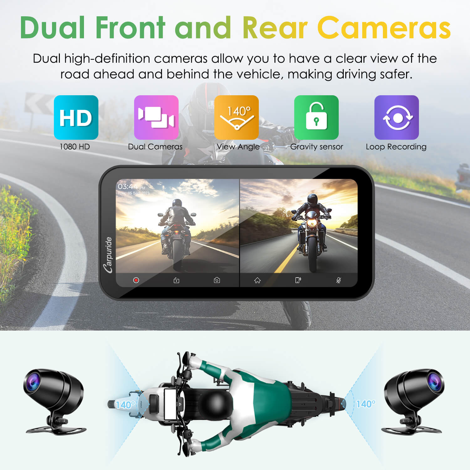 Carpuride W603D Motorrad CarPlay-Display 6,3Zoll Dual-Dashcam
