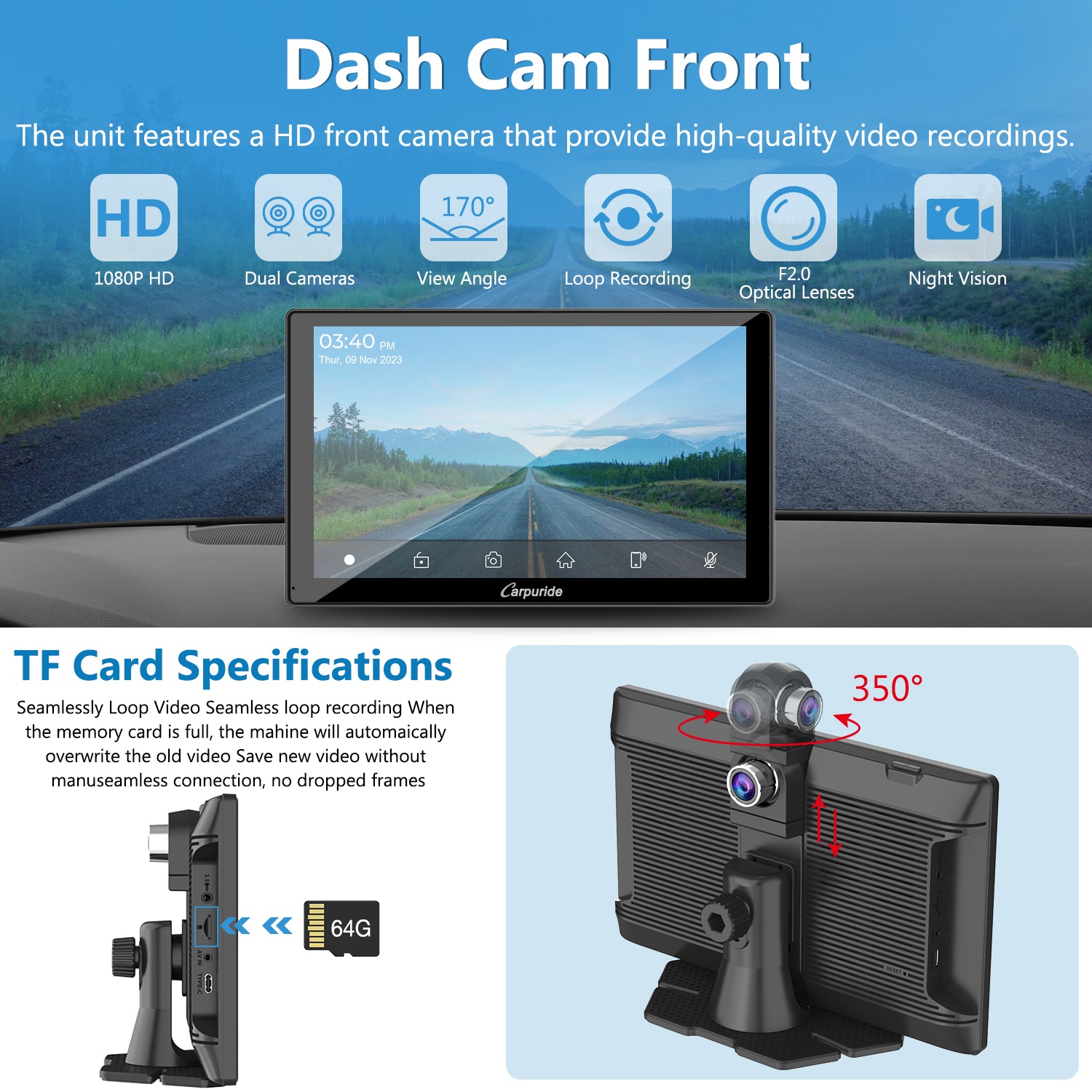 Carpuride W905 CarPlay-Display 9 Zoll mit Dual-Kamera DVR