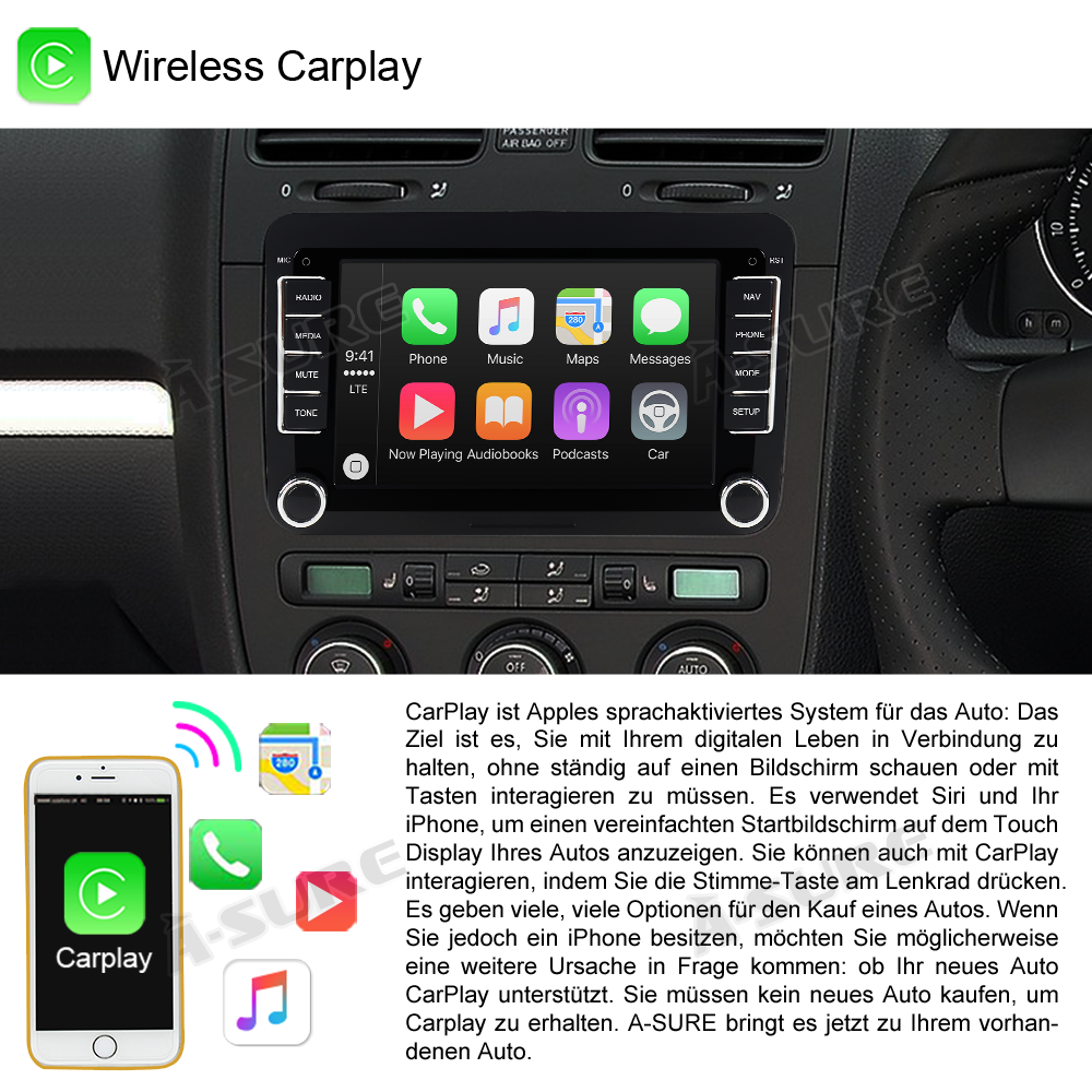 A-Sure GPS Autoradio VW Golf 7 Zoll 2+32GB CarPlay