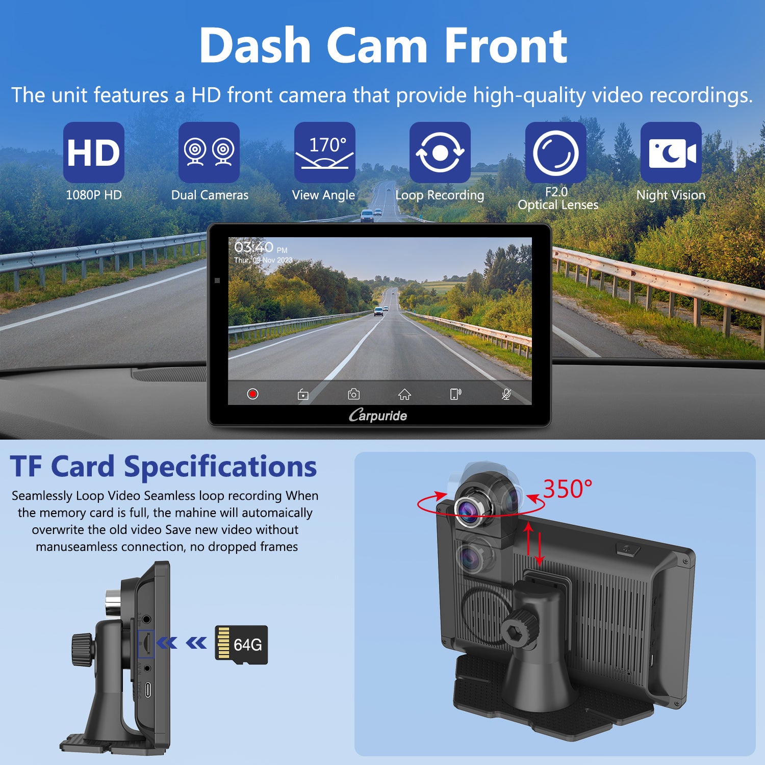 Carpuride W703 7 Zoll CarPlay-Display mit Dashcam DVR