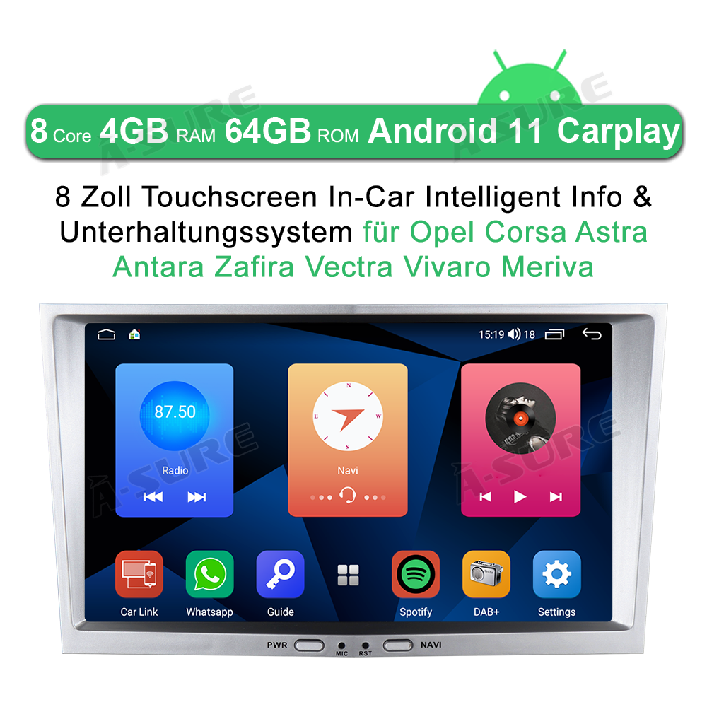 A-Sure GPS car radios 8 Zoll 4+64GB Opel Astra silber