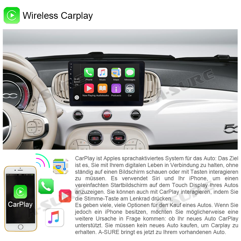 A-Sure GPS car radios Fiat 500 Autoradio 9 Zoll 2+32GB
