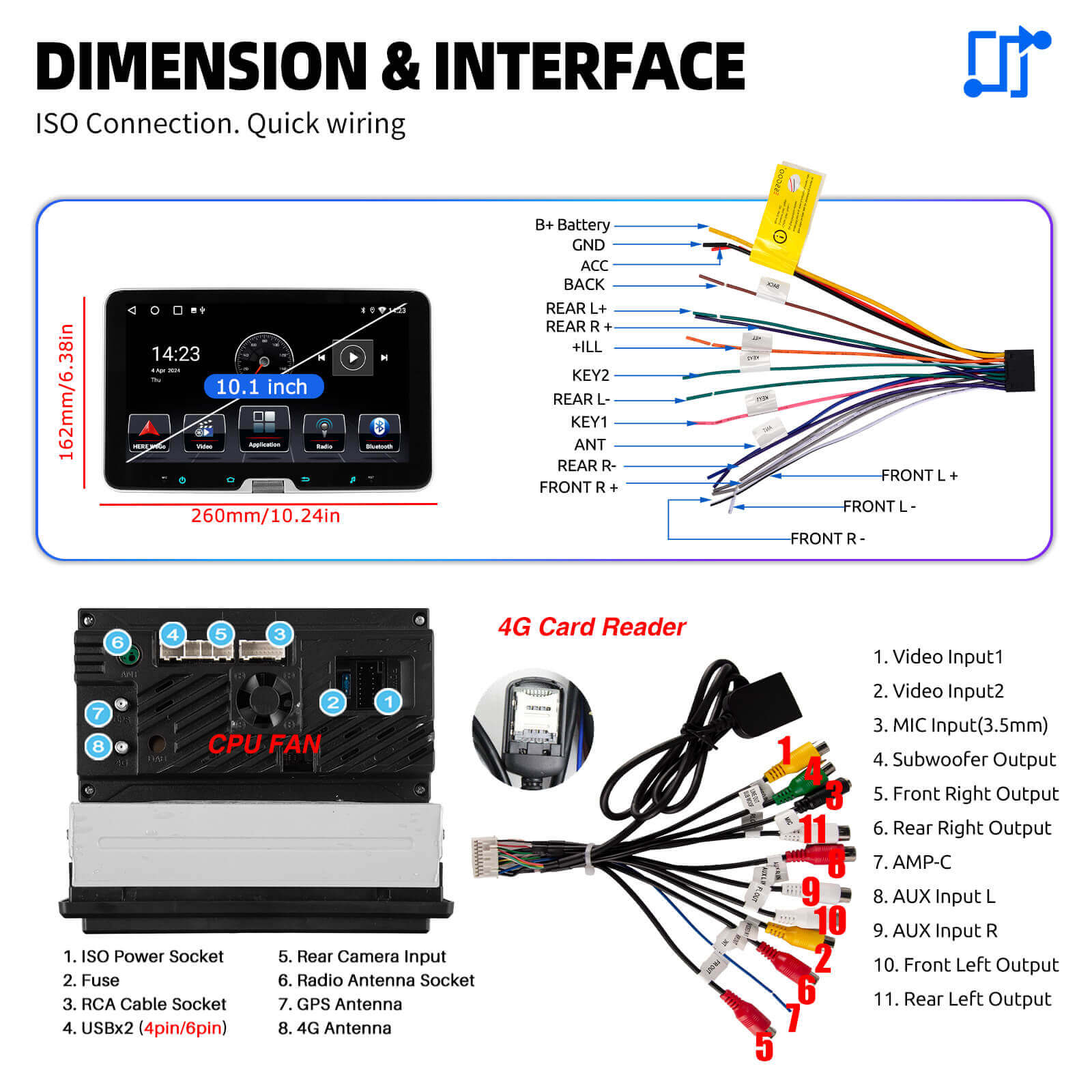 ESSGOO Car Stereo AR1001 MP5 Autoradio 10,1 Zoll 1 DIN drehbar
