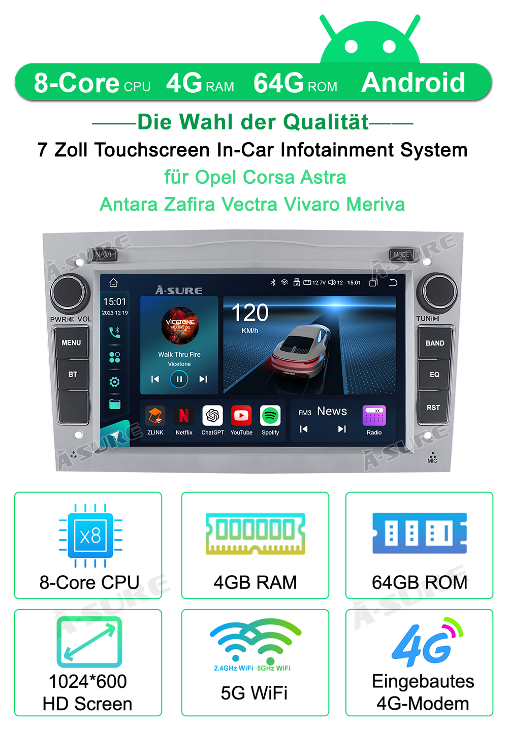 A-Sure GPS Autoradio 9 Zoll Opel 4+64GB Android 13 CarPlay