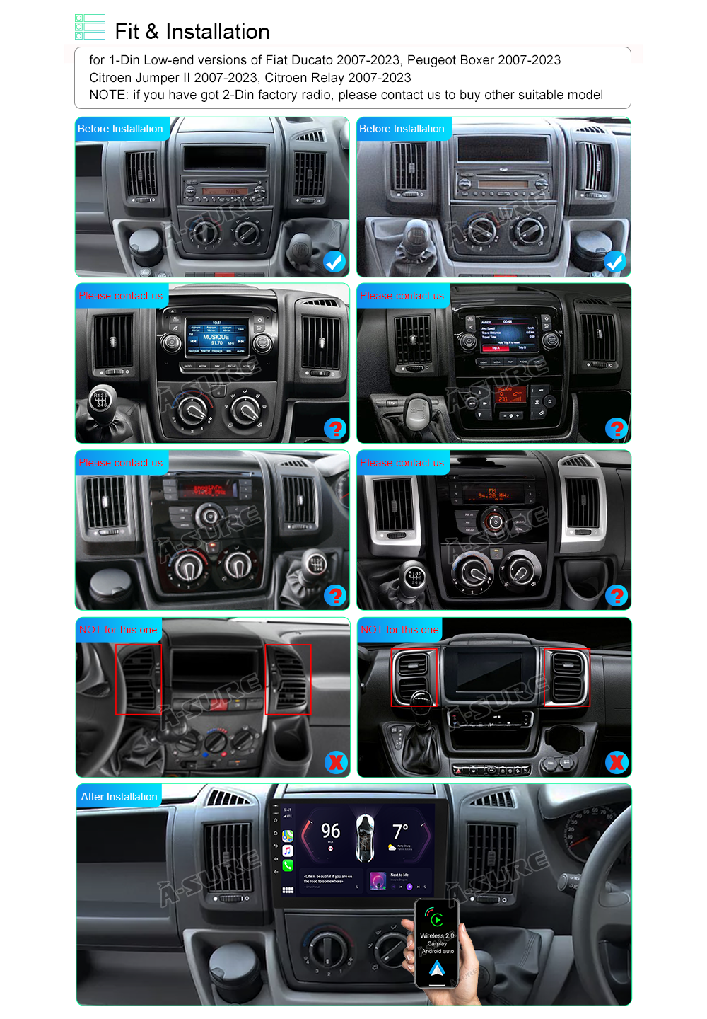A-Sure GPS Autoradio Fiat Ducato 1-DIN CarPlay 2+32GB 9 Zoll