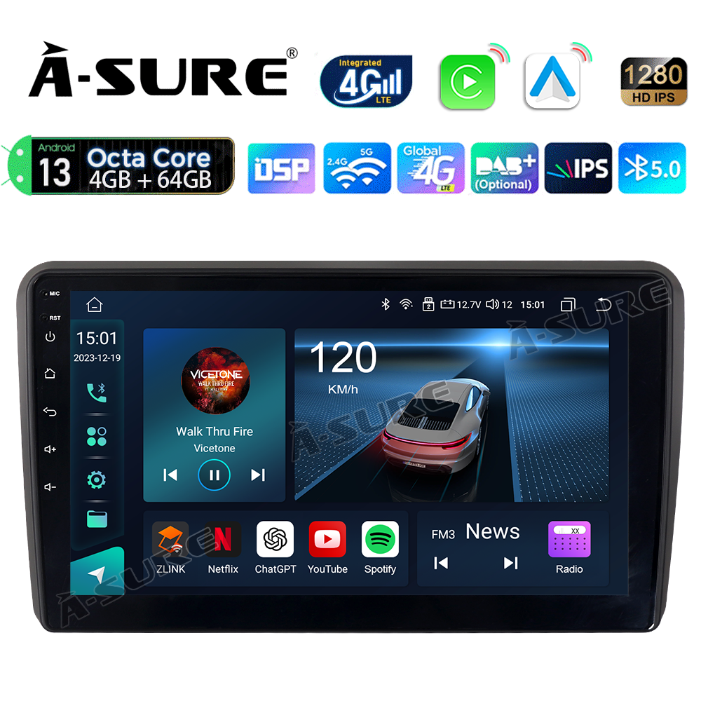 A-Sure GPS Autoradio Audi A3 8P 8V 4+64GB CarPlay DSP