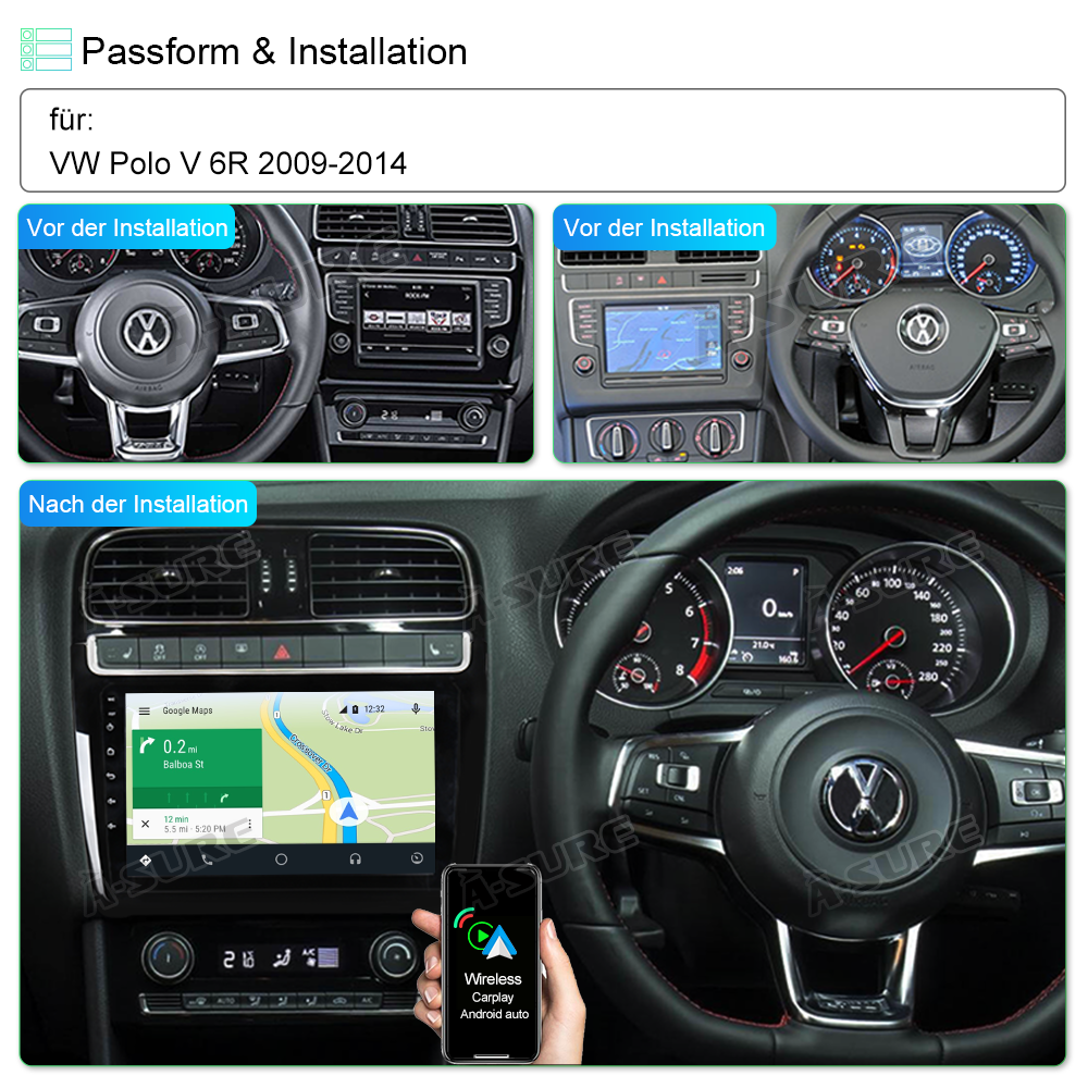 A-Sure GPS Autoradio 9 Zoll 32GB für VW Polo V 6C