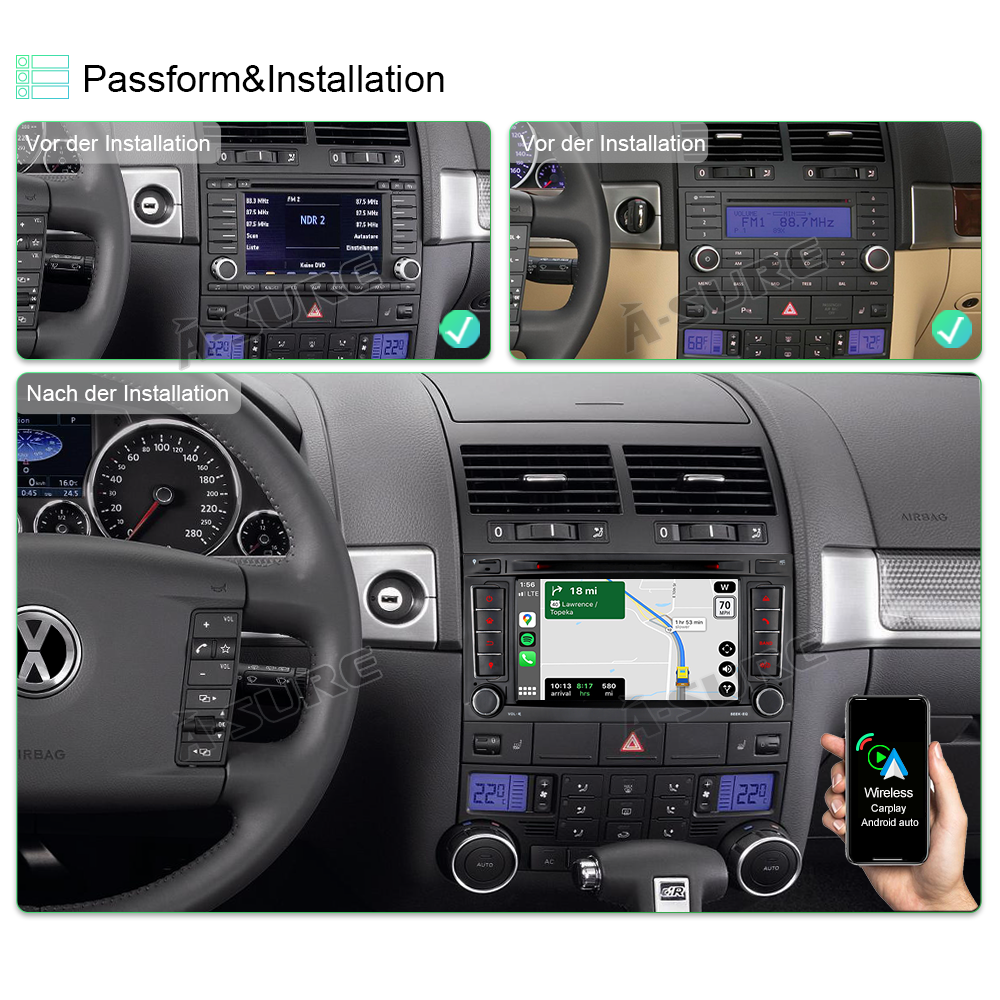 A-Sure GPS Autoradio 7 Zoll Touareg T5 3+32GB DVD CarPlay